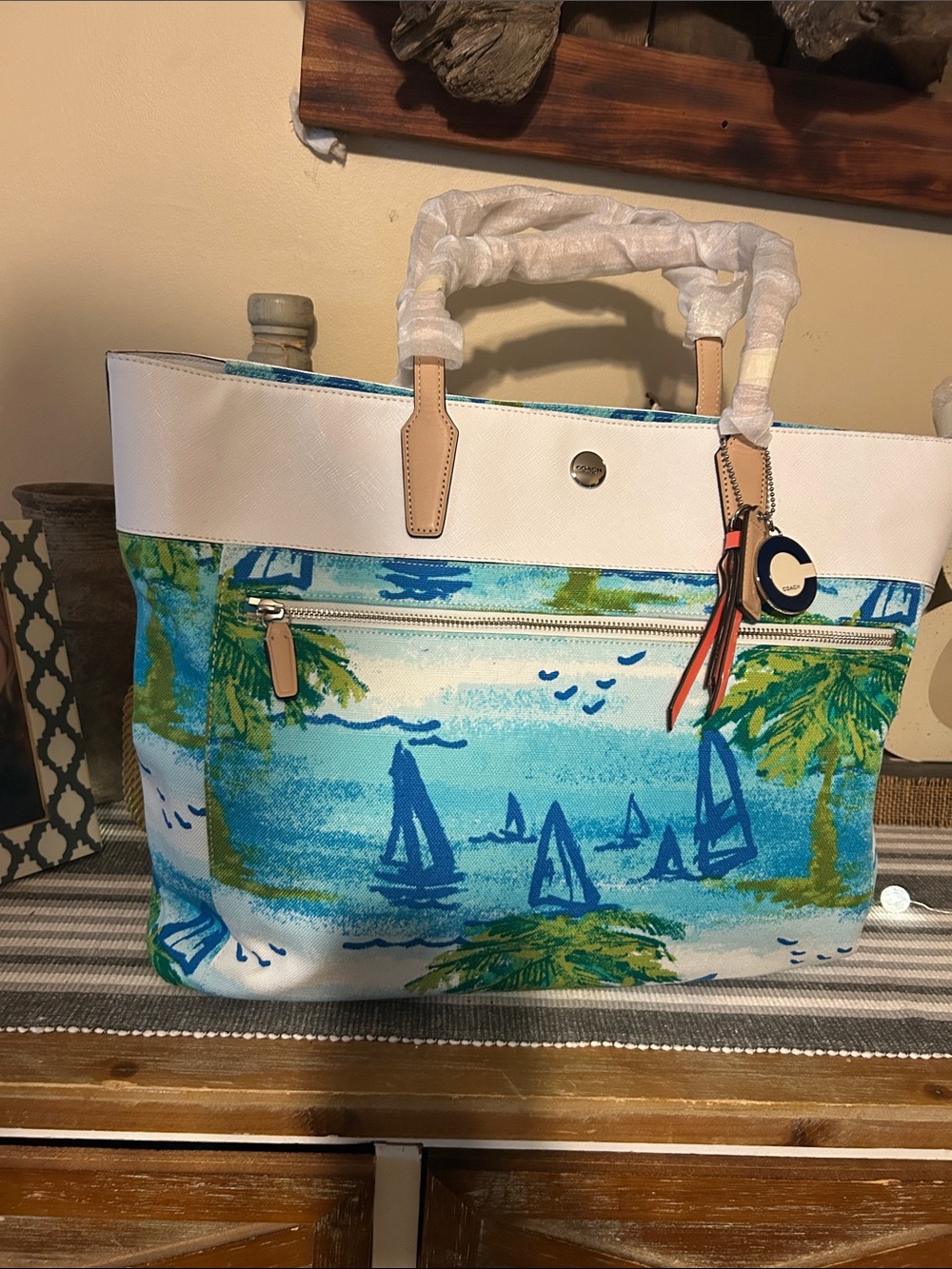 Coach White and Aqua Tropical Canvas Tote